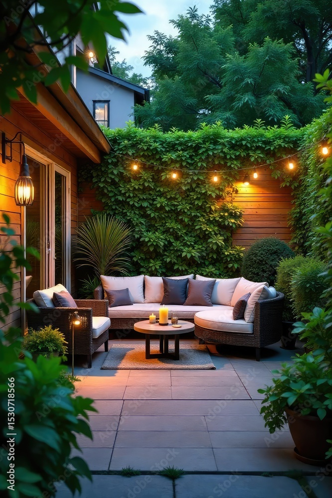 Fototapeta premium Serene garden patio scene featuring lush greenery, comfortable seating, and ambient lighting Perfect for relaxation and outdoor entertaining , plants, home, cozy