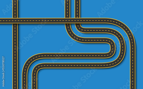 Top view of car roads interchanges with dashed road lines and checkered finish, set on a bright blue background. Perfect for driving games, racing design, or kids visuals
