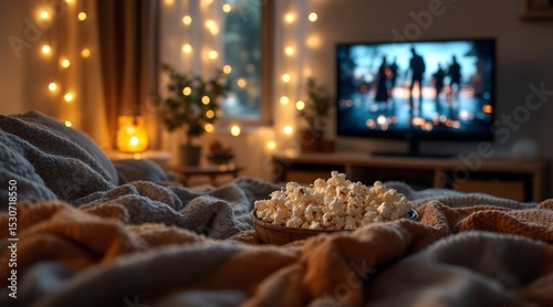 Cozy movie night scene with popcorn and blanket in a relaxing living room setting perfect for recreation, jpg.