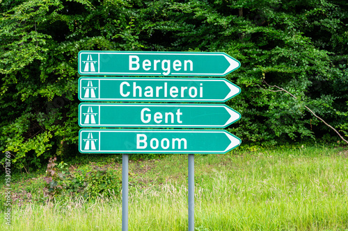 Road sign to the major highways E19, E40 and the Brussels Ringroad in Strombeek Bever, Flemish Brabant Region, Belgium