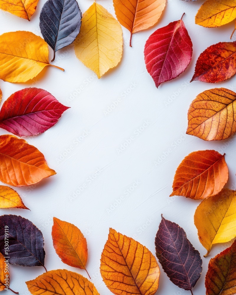 Obraz premium Vibrant autumn leaves arranged in a frame on a white background.