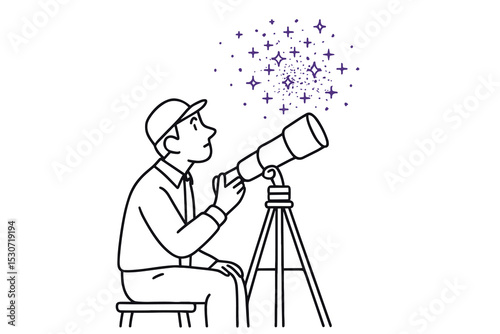 Astronomer gazing at stars through telescope during nighttime sky observation