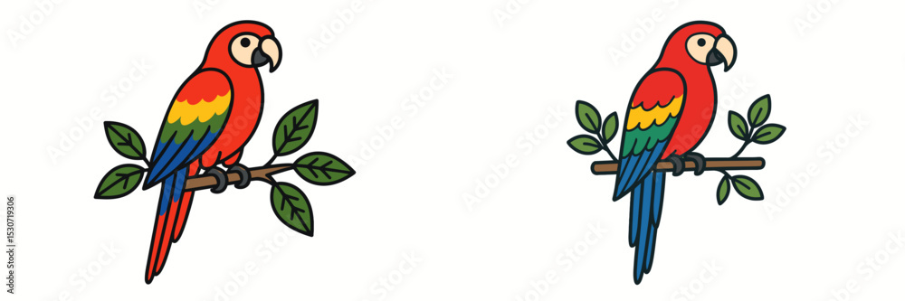 Obraz premium Colorful parrots perched on branches surrounded by leaves in a vibrant and lively tropical setting