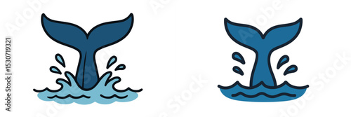 Stylized whale tail splashing in water with waves depicted in two creative designs