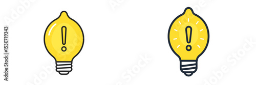 Bright yellow lightbulb with an exclamation mark indicating a warning or idea presented on a simple background