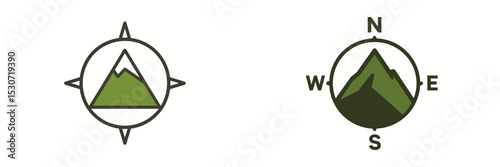 Mountain logos featuring compass elements showcasing nature and exploration in a minimalist design