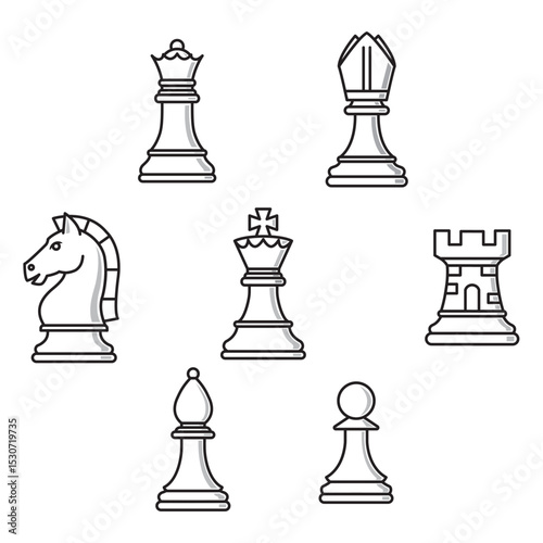 Vector illustration of classic chess pieces in black and white outline style. Includes king, queen, bishop, knight, rook, and pawn.