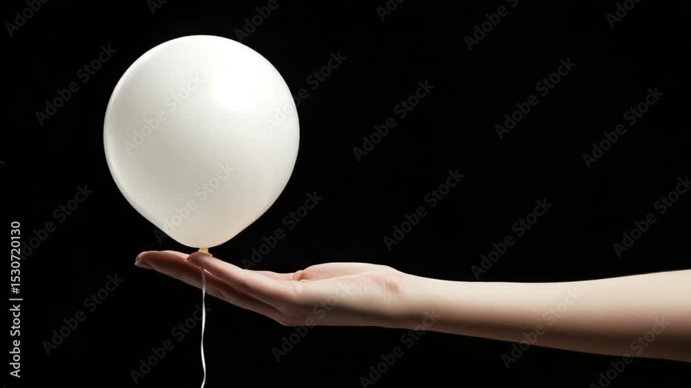 A hand gracefully holds a white balloon against a dark background, symbolizing lightness and celebration