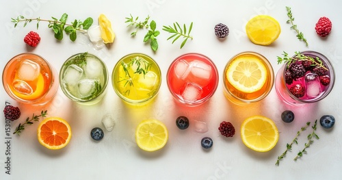 Colorful iced drinks garnished with fresh fruit and herbs, arranged in a row on a white surface.