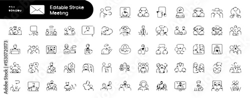 A comprehensive collection of editable stroke meeting and communication-themed line icons, featuring people in discussions, video calls, presentations, teamwork, and collaboration, all in a clean, min