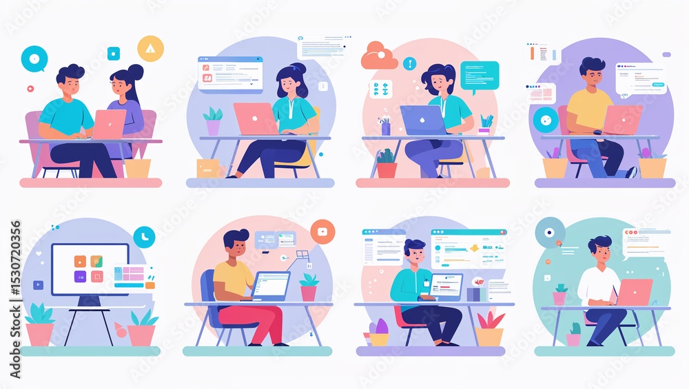 Illustrations of people working on laptops depicting teamwork and online communication concepts Illustrations of people working on laptops depicting teamwork and online communication concepts