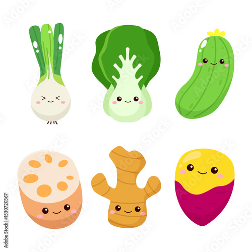 Cute vegetables mascot, scallion, bok choy, cucumber, lotus root, ginger, yam