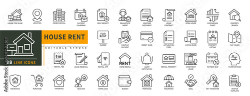 Minimalist house rent line icons set with editable stroke, property, buying, renting, house, rental fee, rental app, purchase home loan, mortage documen, home, insurance. thin linear illustration.