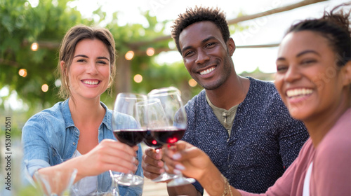 Celebrating friendship under a lush canopy with glasses raised high in joyous laughter and vibrant smiles