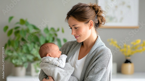 Embracing the bond of motherhood in a serene indoor environment during the calm morning hours