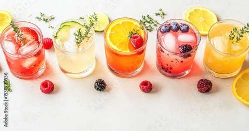 Five vibrant fruit-infused iced drinks garnished with berries and citrus, arranged on a light surface.