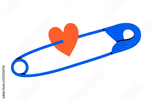 Hand drawn cute cartoon illustration safety pin with pierced heart. Flat vector sewing clip with needle doodle. Falling in love. Romantic feelings icon or sticker. Abusive relationships sign. Isolated