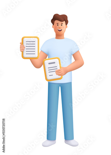 Young smiling man James holding two documents or sheets of paper in both hands. Business, education, office work concept. 3d vector people character. Cartoon minimal style.
