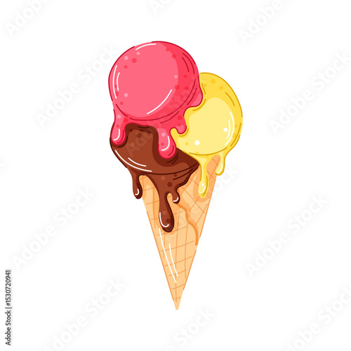 Triple melting scoop ice cream cone with chocolate, strawberry or cherry and lemon flavor in cartoon. Perfect for dessert cafe menu, summer design, sweets project.