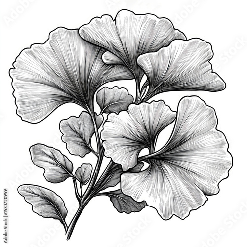 A detailed black and white botanical drawing shows a Ginkgo Biloba branch with several leaves sprouting from the stem. Lines create shading and detail on each leaf