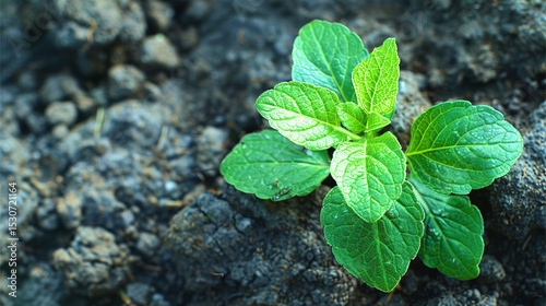Embracing growth in a lush garden, a vibrant green plant emerges from the dark earth amidst a backdrop of nature's wonders