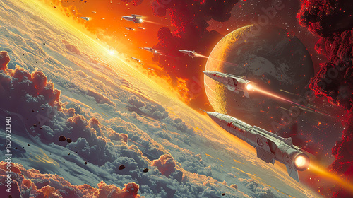 Several spaceships are seen flying in formation near a planet with dense cloud cover. An orange glow emanates from the atmosphere, and explosions occur in the deep space beyond