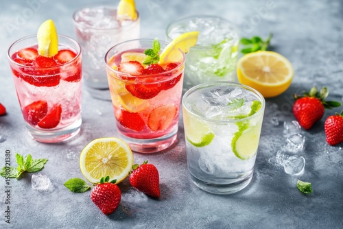 Refreshing summer cocktails with strawberries, lemon, lime, and mint, served with ice.