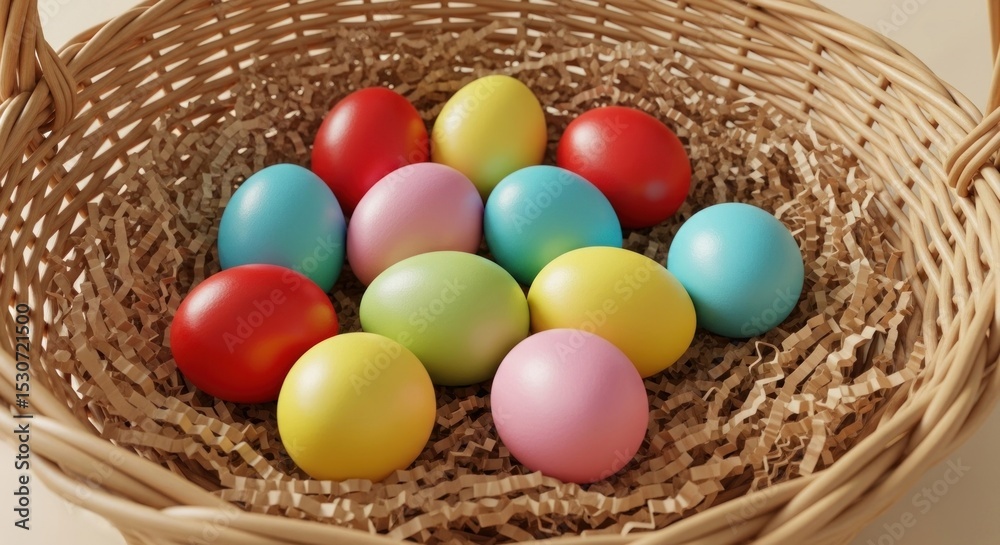 A basket filled with colorful easter eggs resting on shredded paper, ready for the easter celebration A basket filled with colorful easter eggs resting on shredded paper, ready for the easter celebration