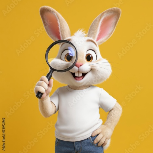 Cartoon Rabbit Examining with Magnifying Glass on Yellow Background
