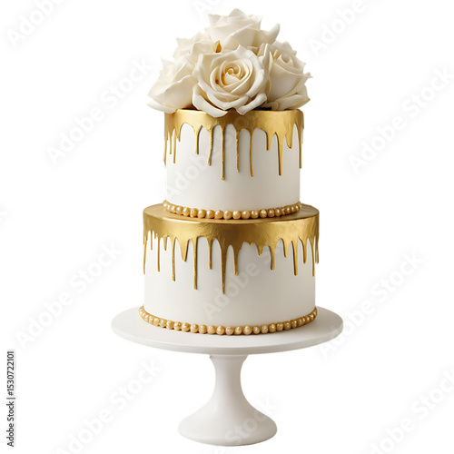 A luxury birthday cake in all-white fondant with baroque gold embellishments sculpted detailing and cascading sugar flowers isolated on a transparent background