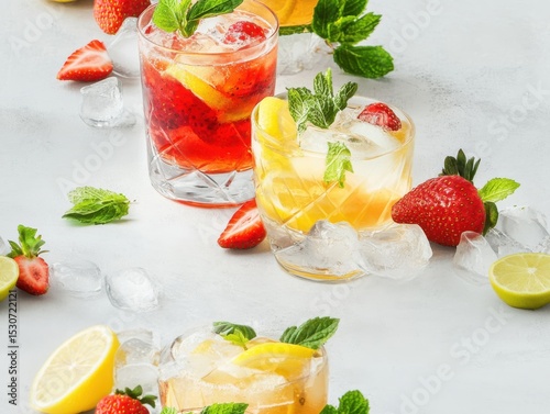 Fresh citrus fruit slices, berries, and glasses of juice arranged on a white background.