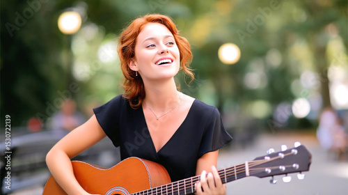 Joyful woman playing guitar in a vibrant park, captivating passersby with her melodic tunes and radiant smile