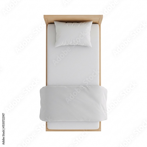 A wooden single bed with white bedding and a pillow, creating a simple and cozy image, top view,