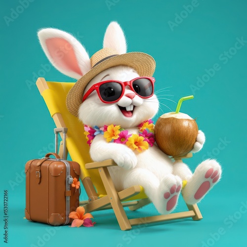Bunny Relaxing on Beach Chair with Coconut Drink
