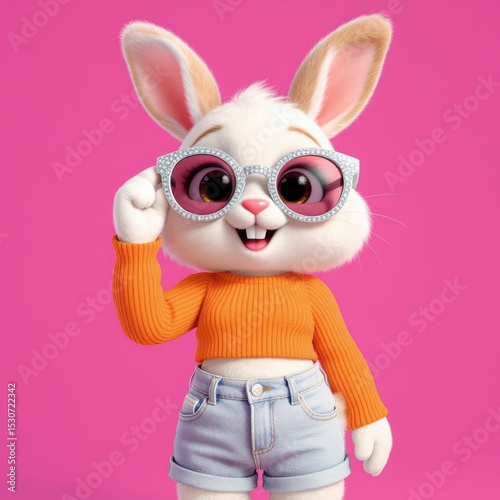 Bunny wearing sunglasses with orange sweater on pink background
