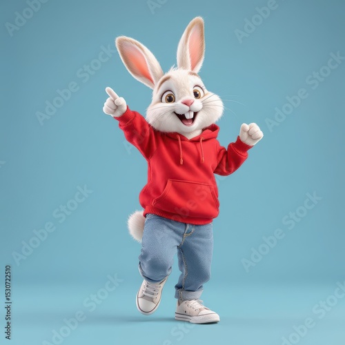 Smiling Rabbit Character Pointing Upward Wearing Casual Clothes on Blue Background