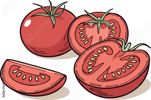 Fresh red tomatoes, whole and sliced, showcasing vibrant colors and textures, ideal for culinary designs, food illustrations, or healthy eating concepts in vector style