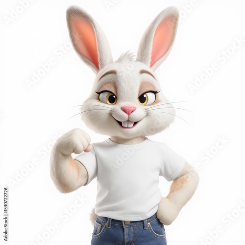 Rabbit Cartoon Character Flexing Arm with White T-Shirt and Blue Jeans
