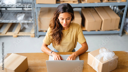 Empowered creativity in a warehouse, where a woman designs concepts on her laptop amid packing boxes during daytime hours