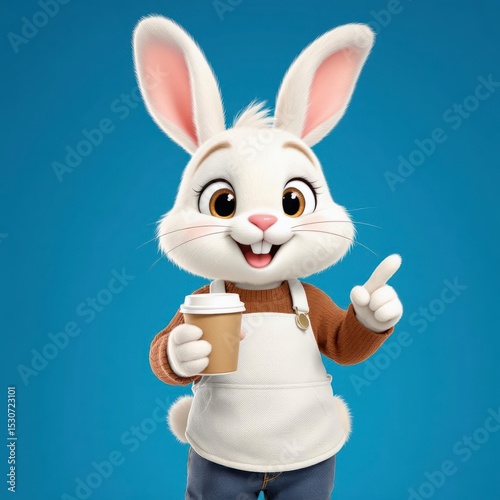 Cartoon Rabbit Holding Coffee Pointing Finger on Blue Background