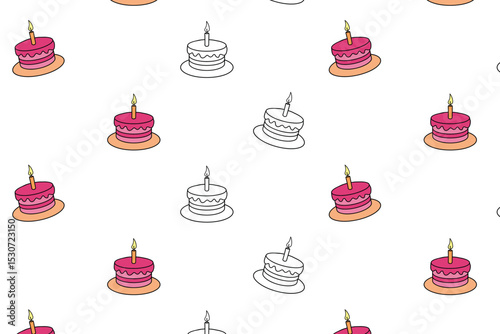 A colorful birthday cake with pink frosting and a single candle on top, placed on a round plate. The cake is layered and has decorative icing.