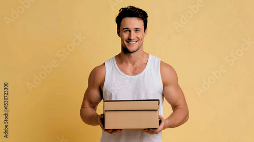Joyful young man unboxes a surprise on a bright yellow background in a playful, imaginative setting filled with excitement