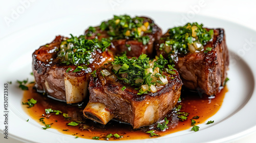 Delicious grilled steak with rich sauce, garnished with fresh herbs, perfect for gourmet meal or special occasion