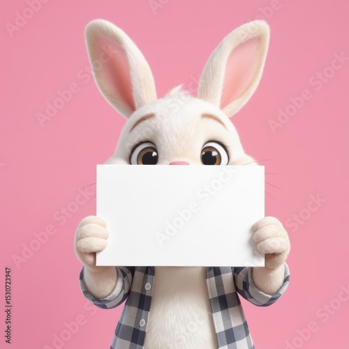 Bunny Holding Blank Sign on Pink Background for Message Display