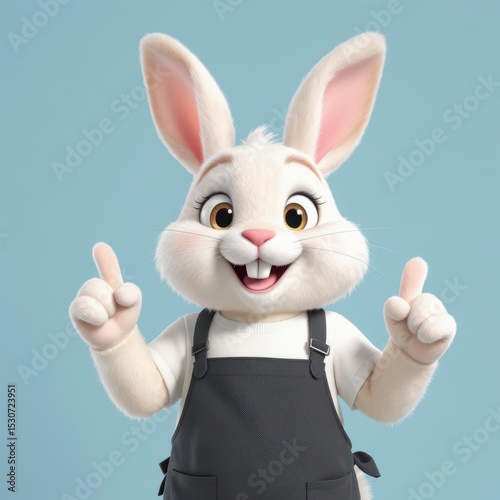 Cartoon Rabbit Pointing Upward Wearing Apron on Blue Background