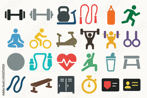 Gym Equipment and Activity Icon Set