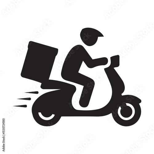 Free Shipping motorbike food delivery boy icon, Silhouette of Fast Food Delivery Person Riding Scooter with Box on Back Isolated on White Background, stock vector .