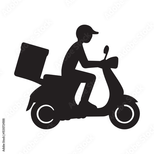 Free Shipping motorbike food delivery boy icon, Silhouette of Fast Food Delivery Person Riding Scooter with Box on Back Isolated on White Background, stock vector .