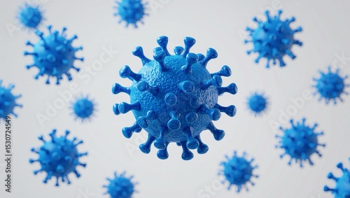SARS-CoV-2 spike protein rendered as blue spheres in a realistic 3D model with soft lighting and a neutral background.