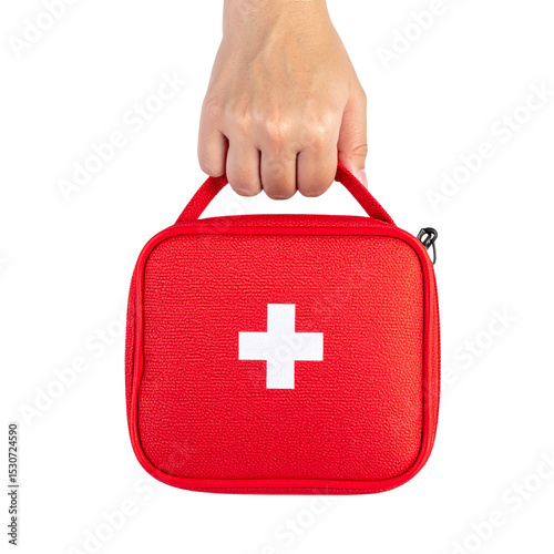 Hand holding a red first aid kit, symbolizing emergency preparedness and quick medical response Isolated on Transparent or White Background photo
